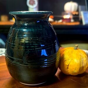 Studio pottery vase deep blacks greens blues
